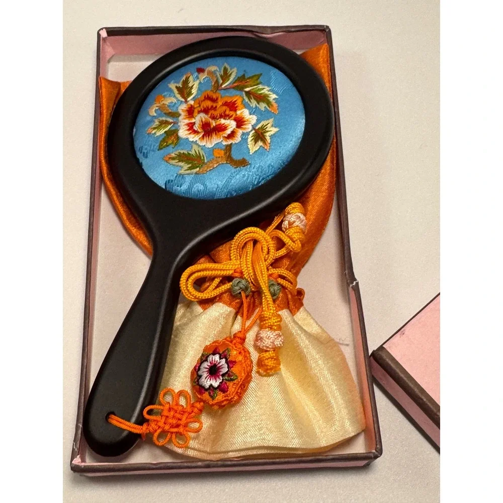 Traditional Korean Handheld Mirror Embroidered Floral Silk Blue Orange Tassel